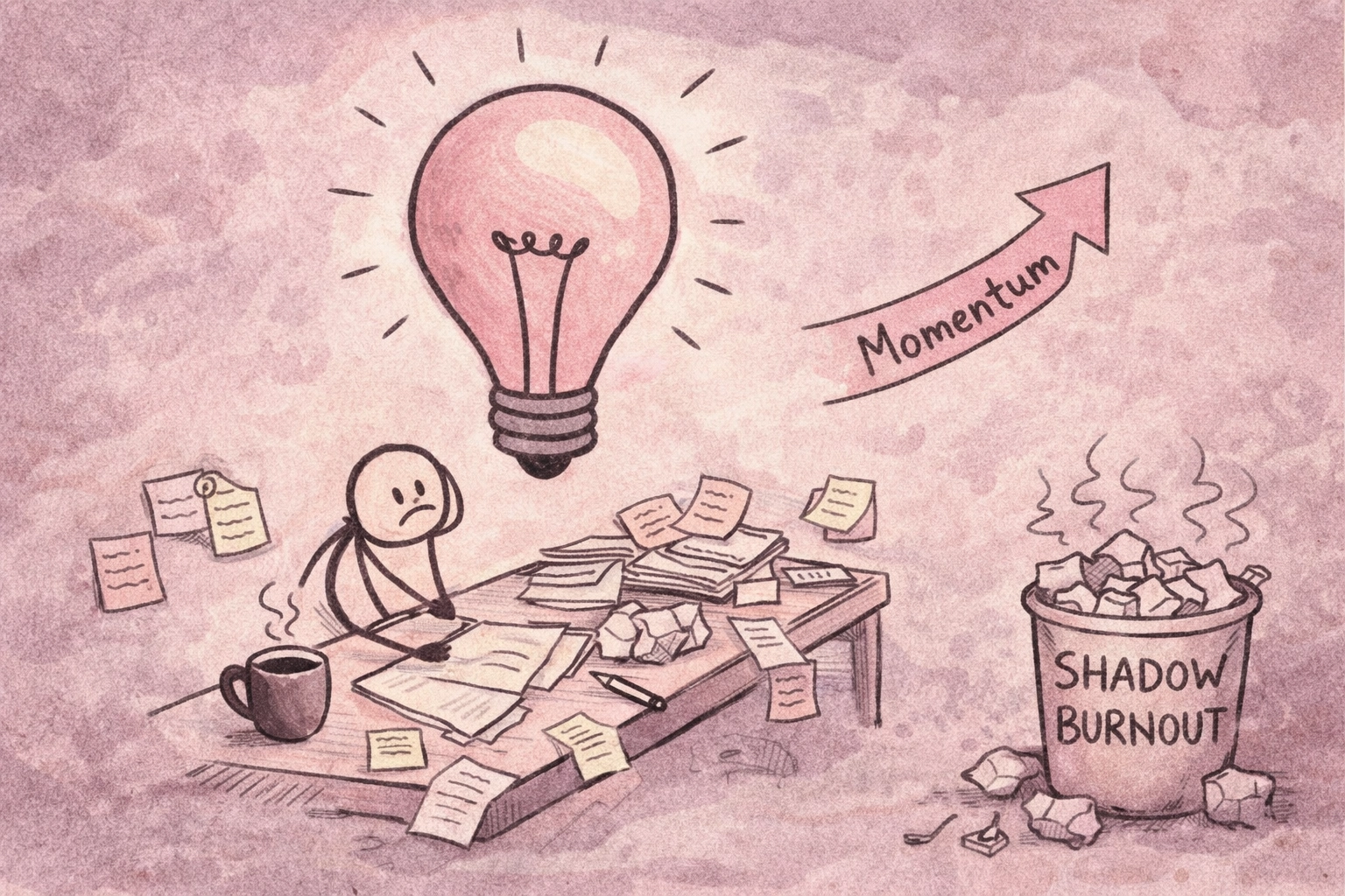 Stick figure at desk overwhelmed by shadow burnout, with a lightbulb and momentum arrow showing the way forward