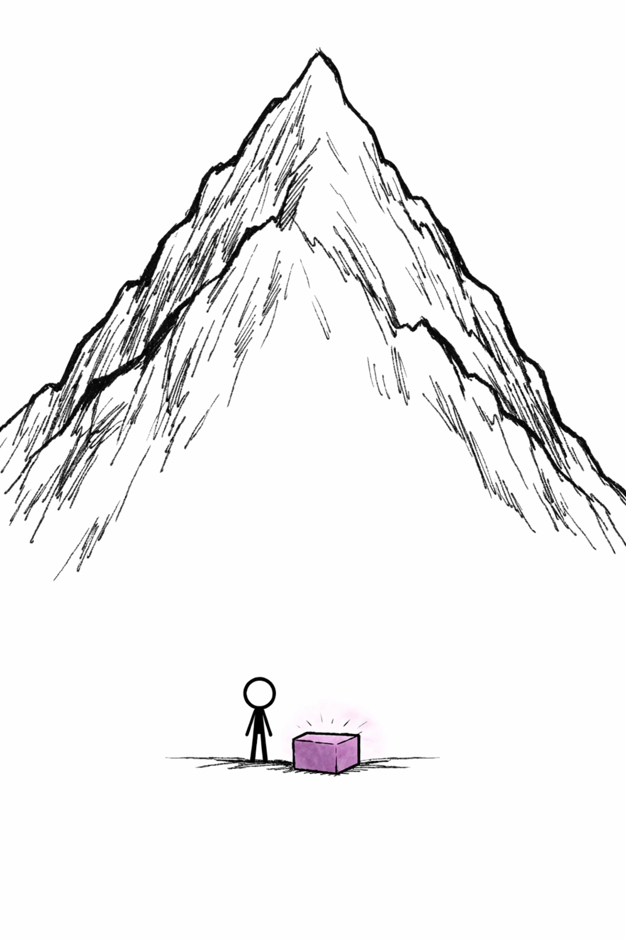 Stick figure with a small glowing box at the base of a mountain