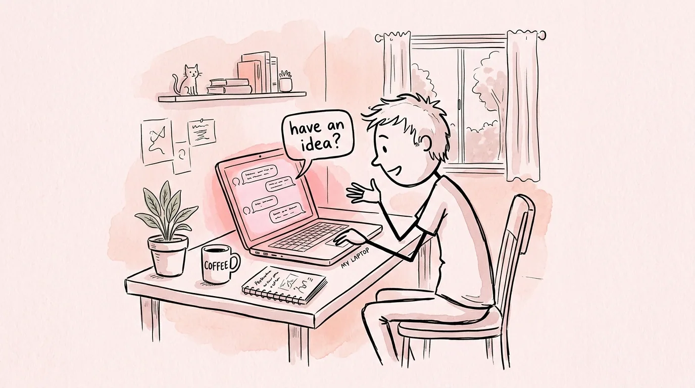 A person at their laptop talking with the AI Build Partner, surrounded by a plant, a mug, and an open notebook in a warm pink studio