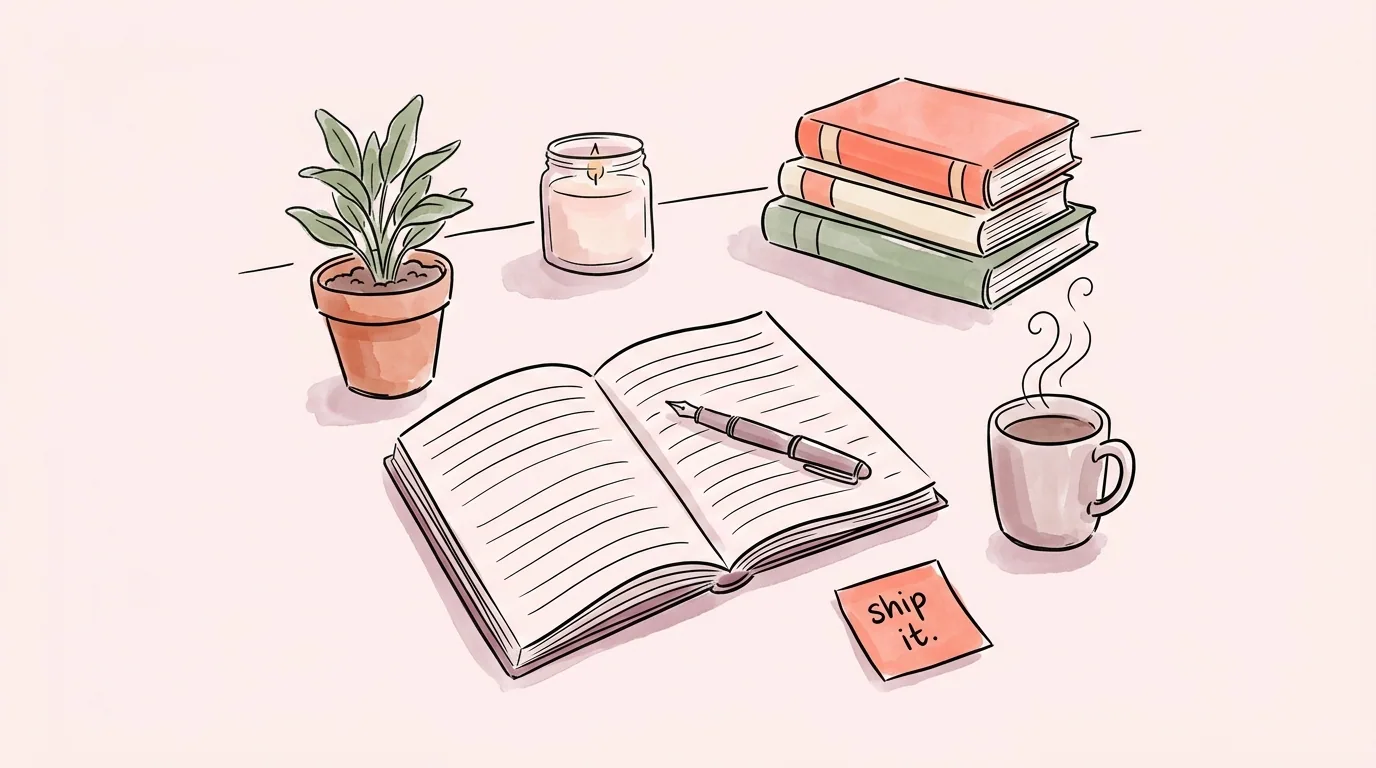 A cozy workspace with an open journal, fountain pen, plant, candle, books, coffee mug, and a sticky note that reads 'ship it.'
